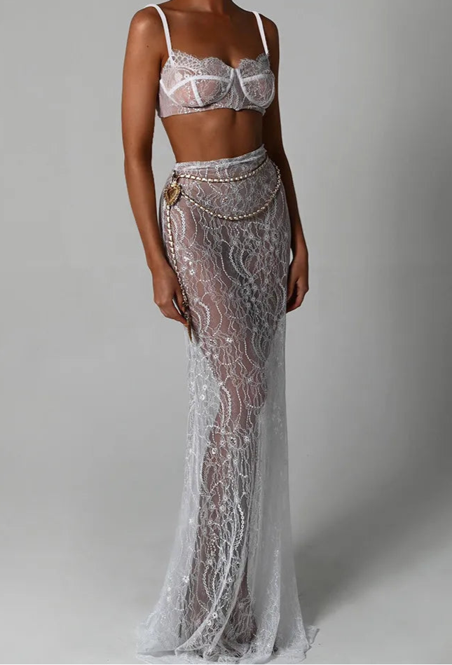 See Through Lace Chain Skirt Suit White Spaghetti Strap Crop Top Print Floral Skirt Two Piece Sets