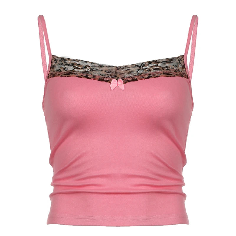 Leopard Patchwork Camisole Sleeveless Bow Pink Retro 's Crop