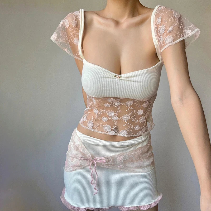 Lace Patchwork Kawaii Sweet T Shirt Short Sleeve Crop Top