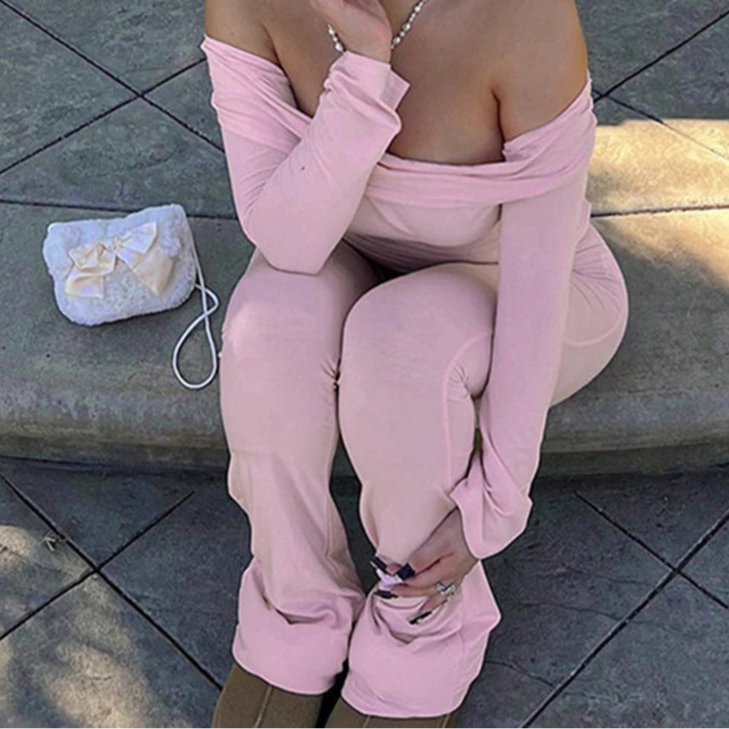 Off Shoulder T-shirt and Flare Pants Two Piece Set