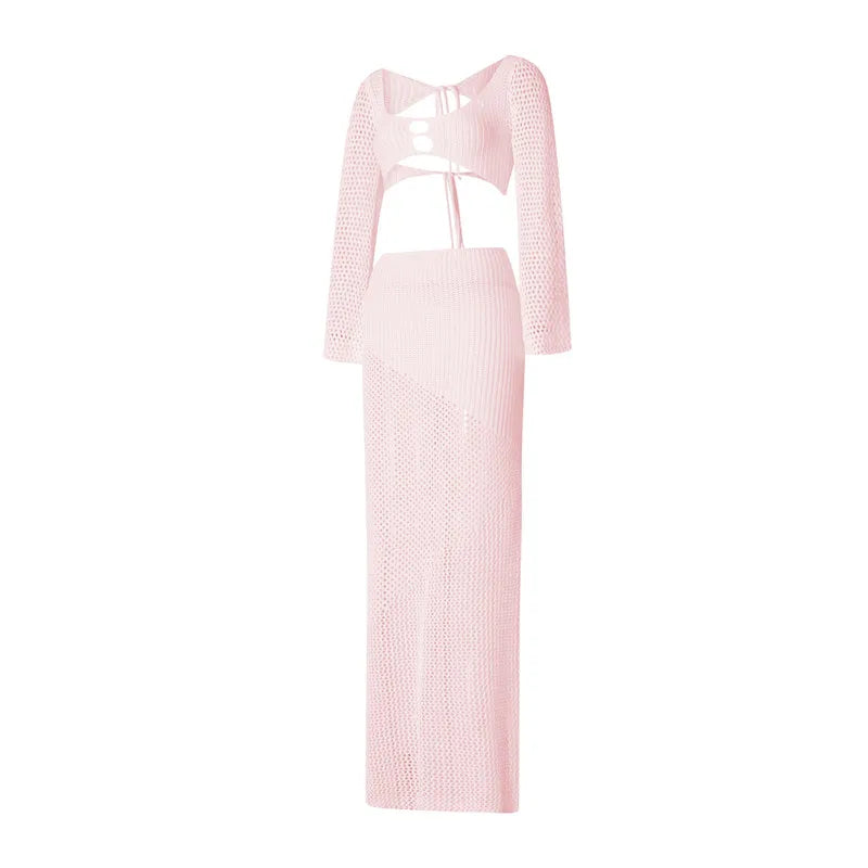 Crochet Knit 2 Piece Skirt Set Hollow Out Crop Top Long Sleeve Backless Tie Up Bodycon Dress