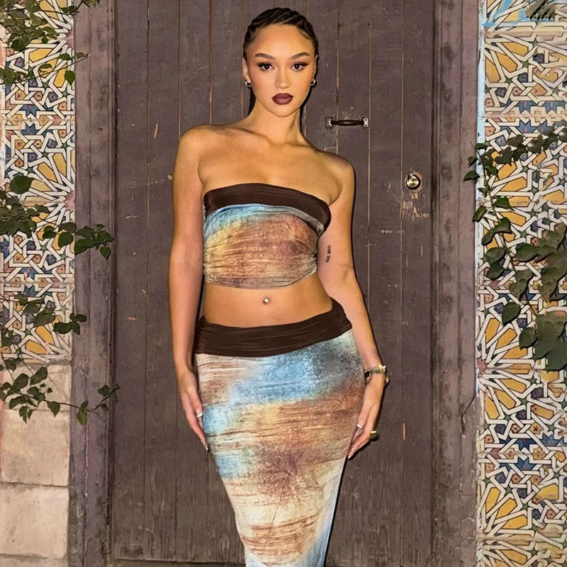 One Shoulder Halo Strapless Top High Waist Long Wrap Skirt Set Sets