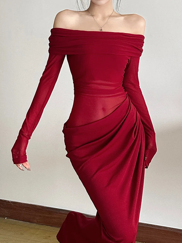 Patchwork Mesh Slash Neck Ruched Dress