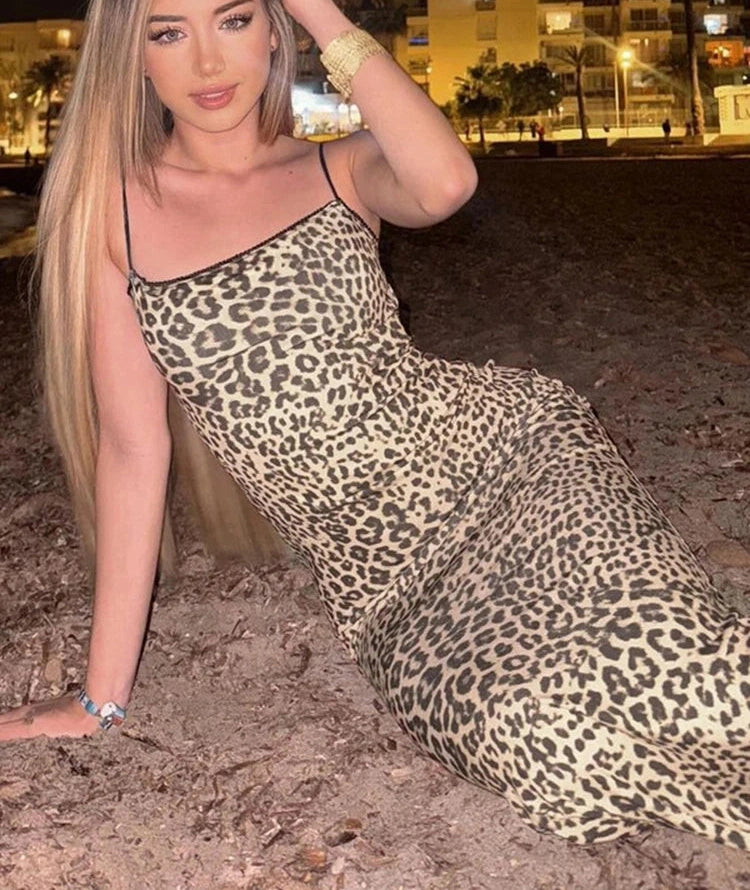 Leopard Slips Backless Bodycon Maxi Dress