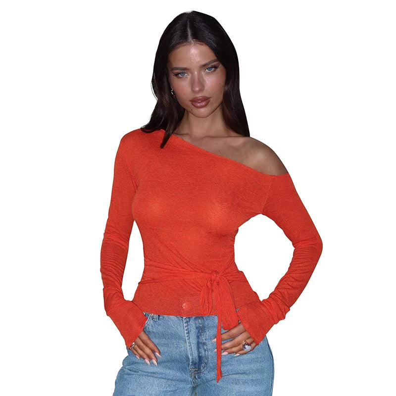 Off Shoulder Long Sleeve T Shirt Bandage Crop Top