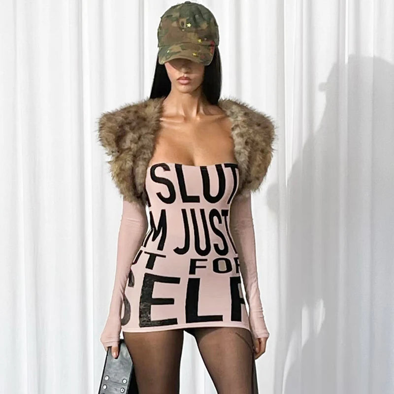 Sheath Long Sleeve Letter Slim Hip Dress