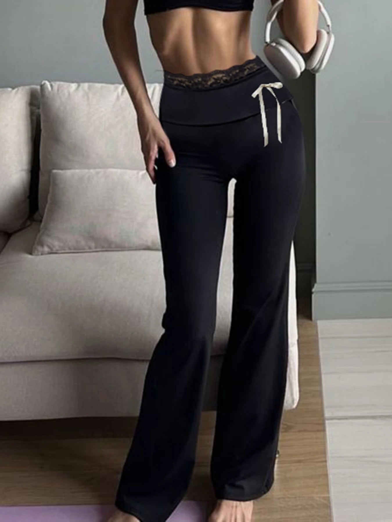 Lace Patchwork Bow Straight Pants Trousers Joggers Bottoms