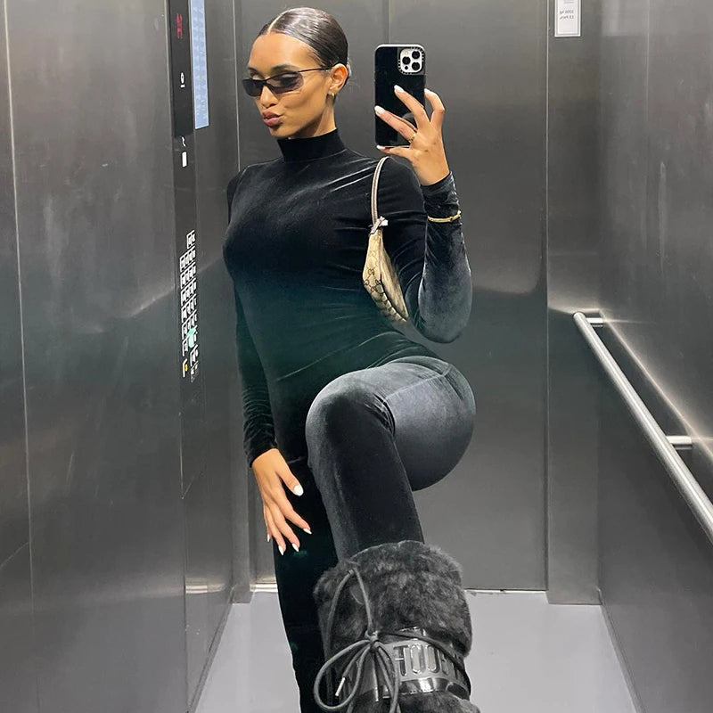 Velvet Long Sleeve O-Neck Bodycon Zipper Jumpsuit