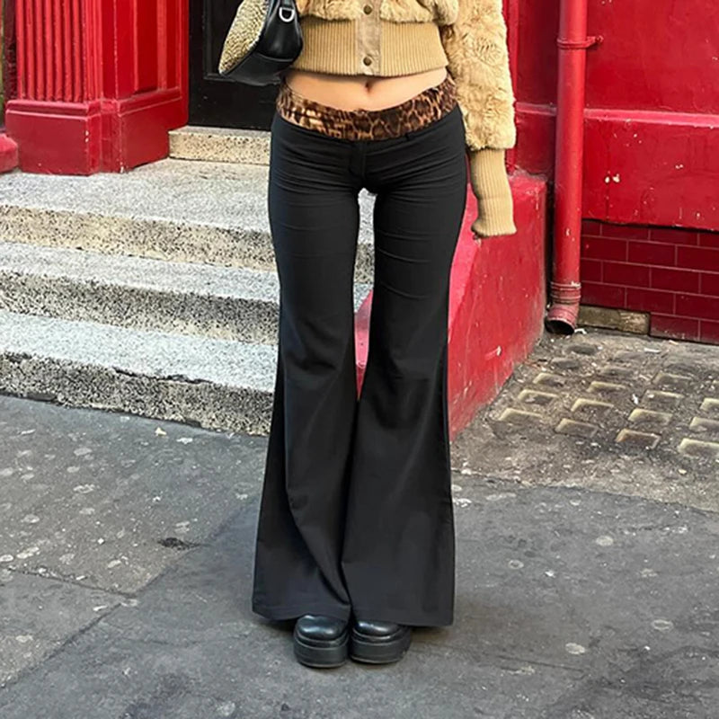 Leopard Print Patchwork Flare Pants Low Waisted 's Bottoms Retro Trousers