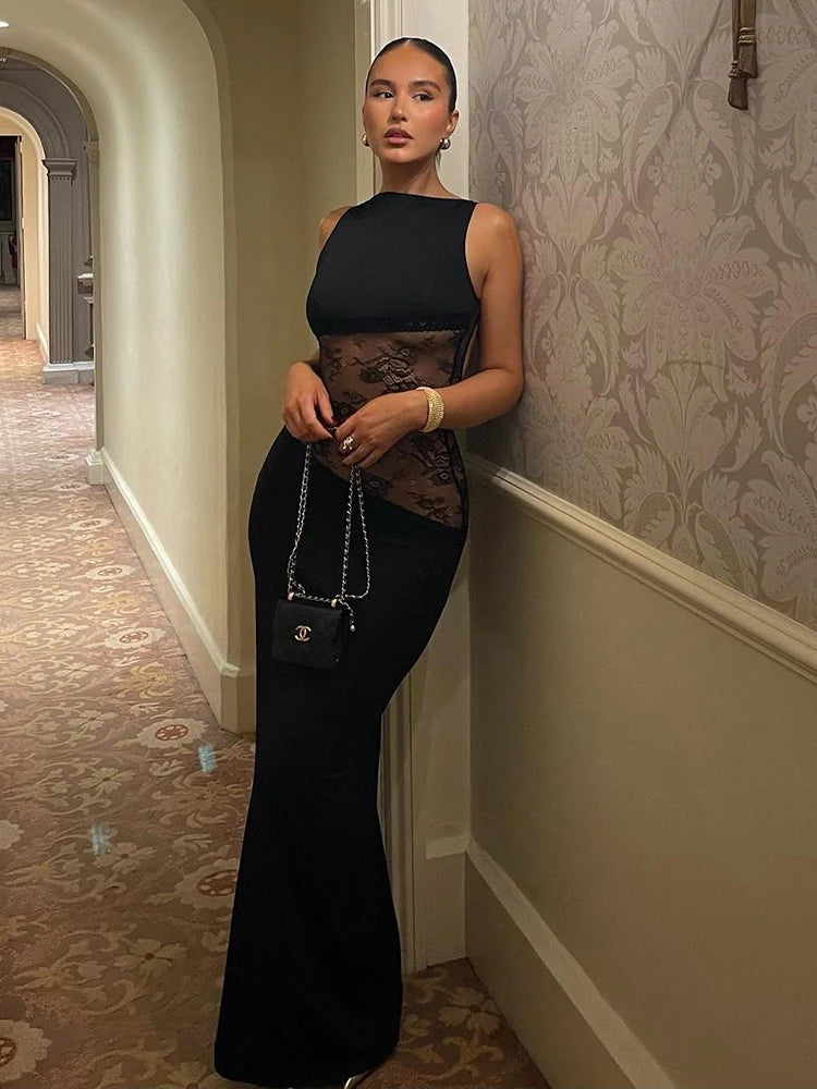 Black Backless Mesh Bodycon Midi Dress