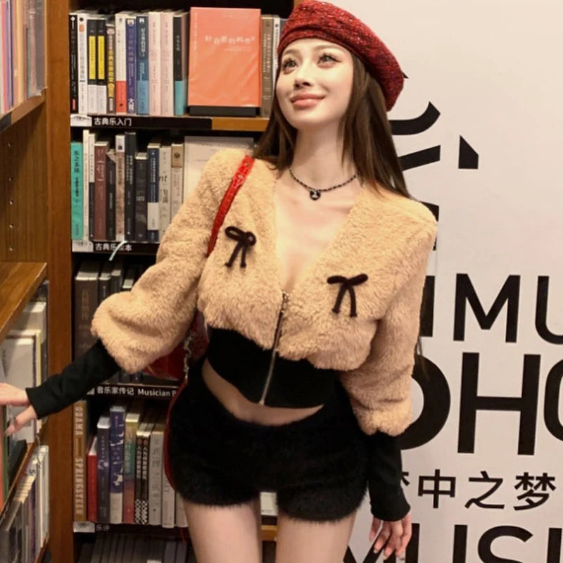 Bow V-Neck Long-Sleeve Jacket Lamb Wool Wait Slimming Top