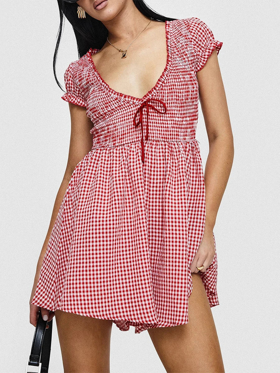 Y2k Gingham Playsuit Short Sleeve Smocked Babydoll Bodysuit Rompers Flowy A-Line Dress Retro