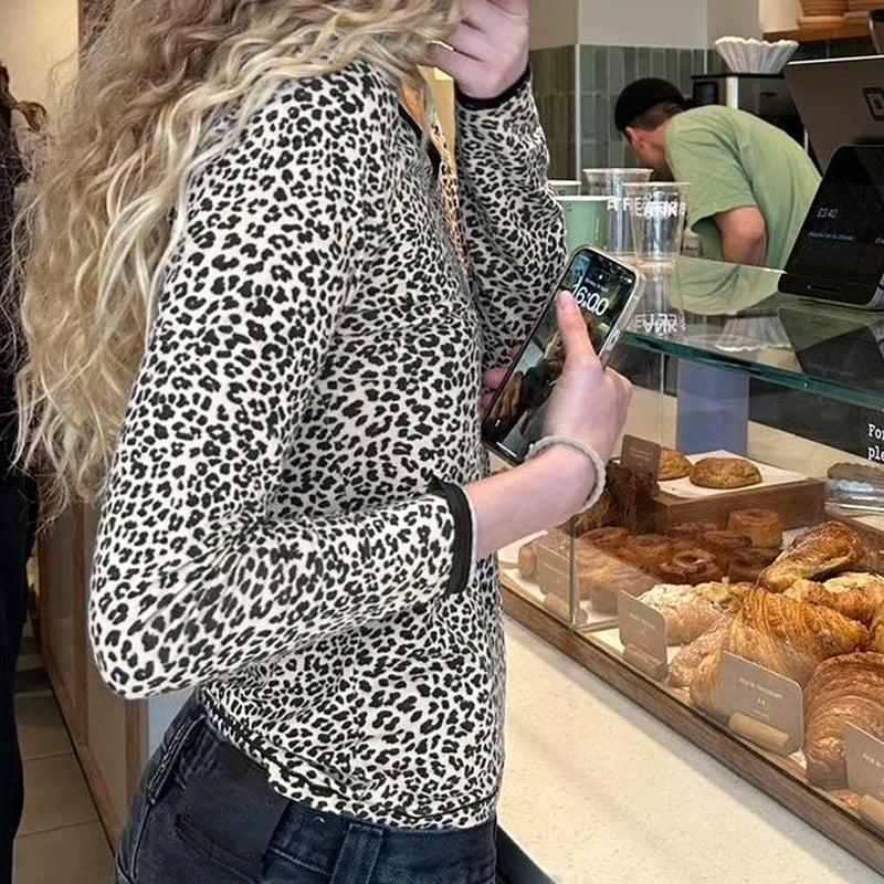 Leopard Tee Shirt Long Sleeve Crewneck