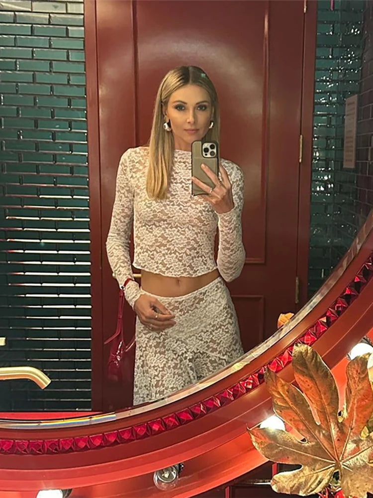 See Through Lace Skirt Suit Black Round Neck T-shirt Mini Skirt Two Piece Set