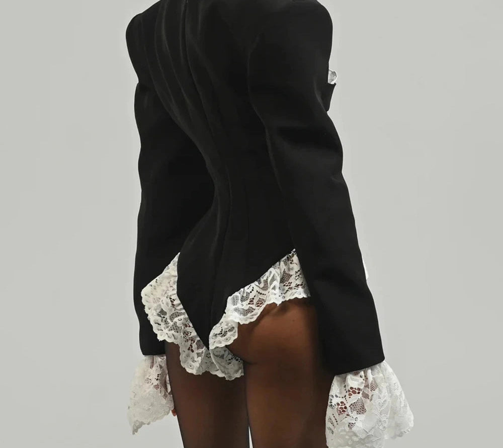 Colorblock Spliced Lace Jumpsuits Lapel Long Sleeve Tunic Patchwork Button Slimming Jumpsuit