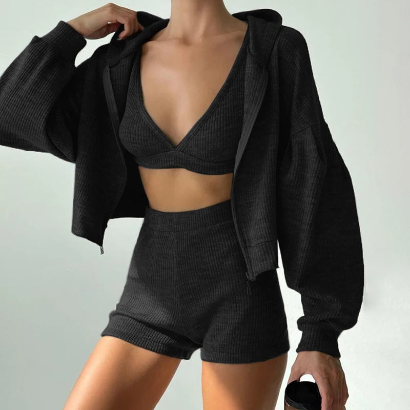 s Sporty Three-piece Set Zip up Hoodies American Retro Knitted
