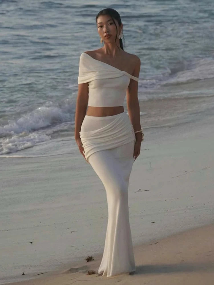 Matching Skirt Set Claic Banquet Incline Shoulder Crop Tee Maxi Pleat Skirt