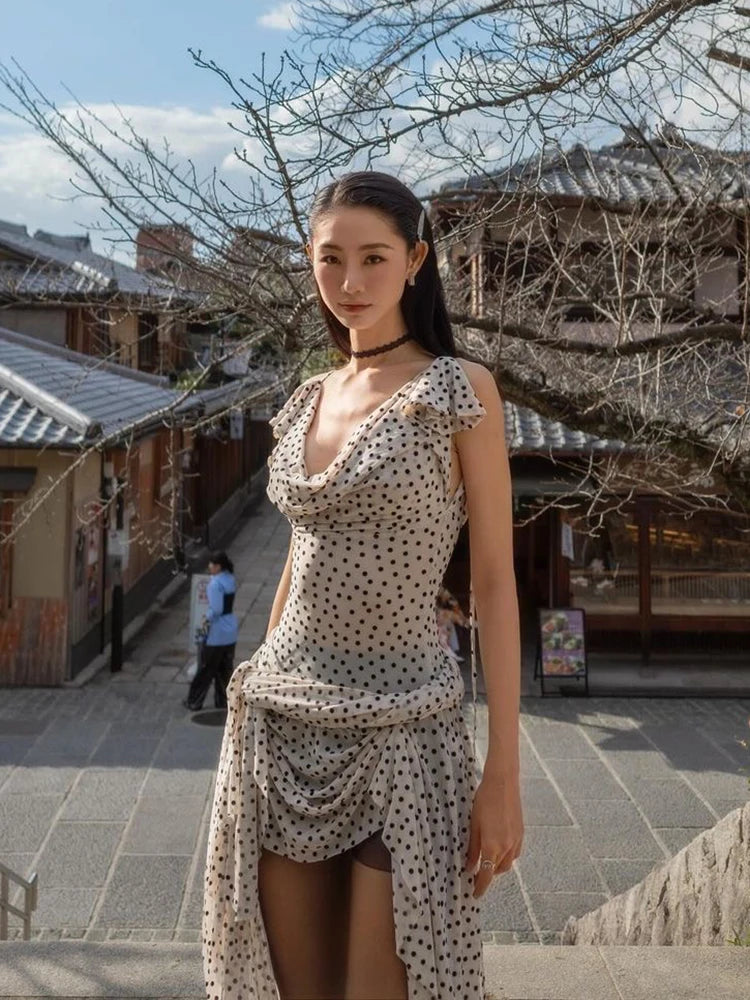 Polka Dot Print Dress Swing Collar Irregular Hem Ruffles Sleeveless Backlesssee Through Skinny Street Mini Bodycon