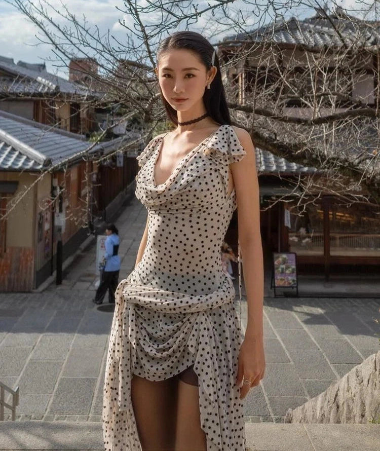 Polka Dot Dress Swing Collar Irregular Hem Ruffles Sleeveless Backlesssee Through Street Mini Bodycon