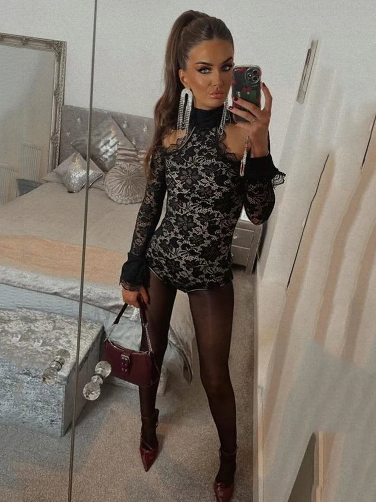 Black Lace Long Flare Sleeve Rompers Hollow Out Half High Collar Bodysuit Playsuits