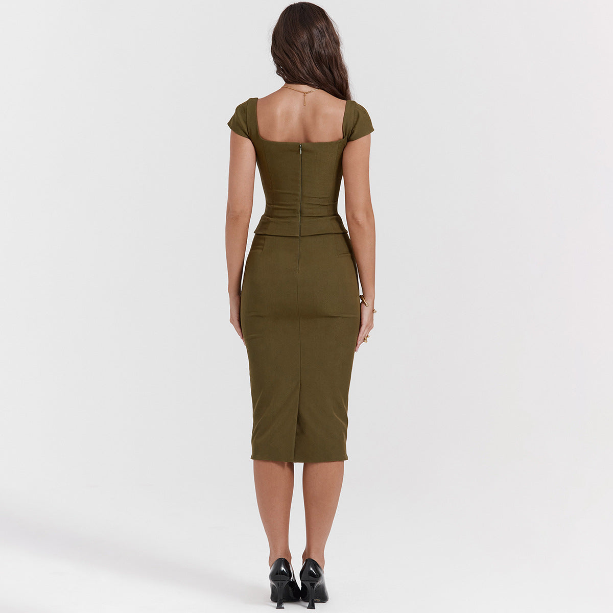 Knee Length Midi Dress Olive Green One Piece Dress Slim Square Neck and Cape Sleeve Office Lady Dress