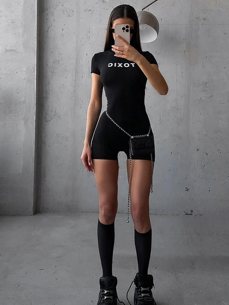 Letter Playuit Caual Active Short Sleeve O-neck Stretch Slim Romper Sporty