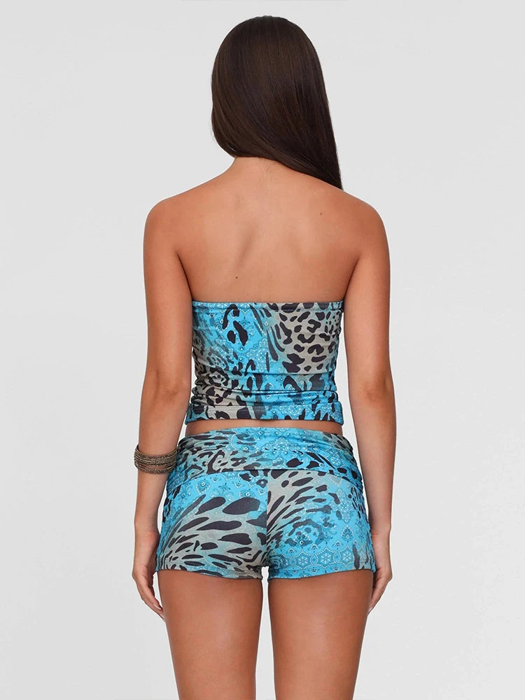 Gradient Leopard Print Two-Piece Set Mini Wrap Lace-Up Top Elasticated Waist Bottoms Street Suits