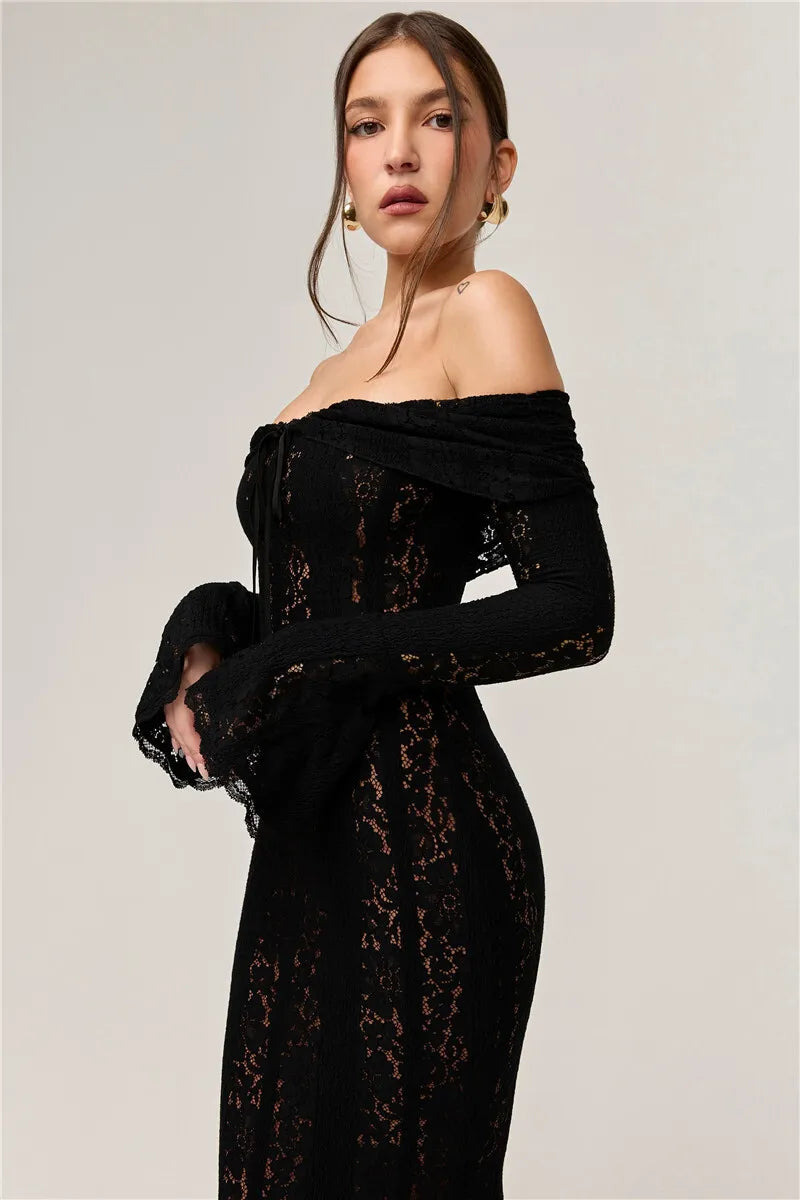 Lace Off-shoulder Maxi Dress Strapless Backless Long Sleeve Bodycon Evening Long Dress