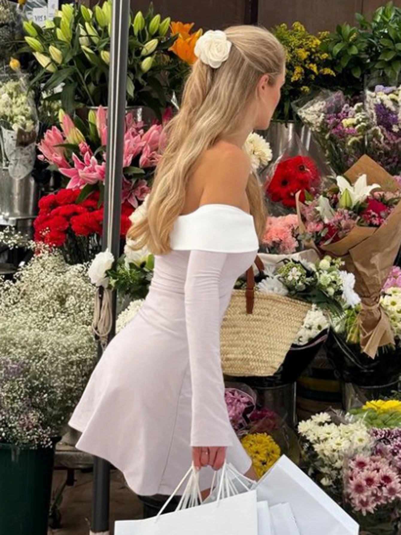 Off Shoulder Long Sleeves Slim Mini Dress