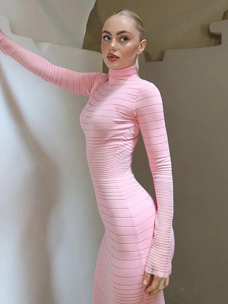 Knit See Through Maxi Dress Pink Turtleneck Long Sleeve Dress