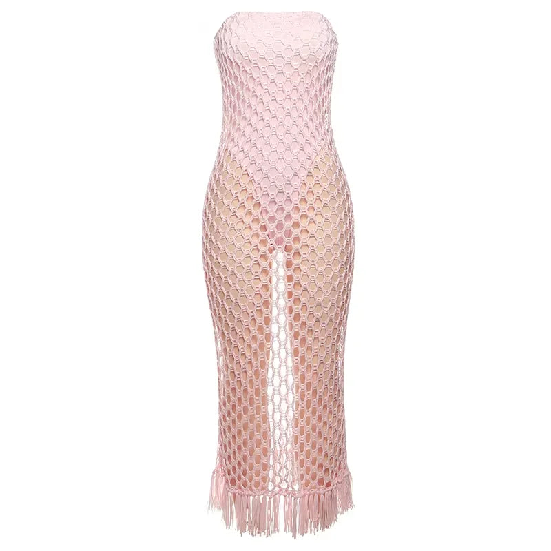Unique Knitted Dress Cut Out Crochet Strapless Tassel Straight Maxi Bodycon Mujer Smock