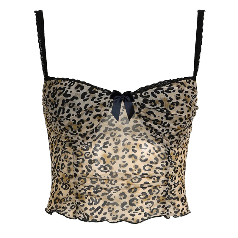 Leopard Print Slim Camisole V-Neck Backless Crop Top Sleeveless Patchwork Bow Vests