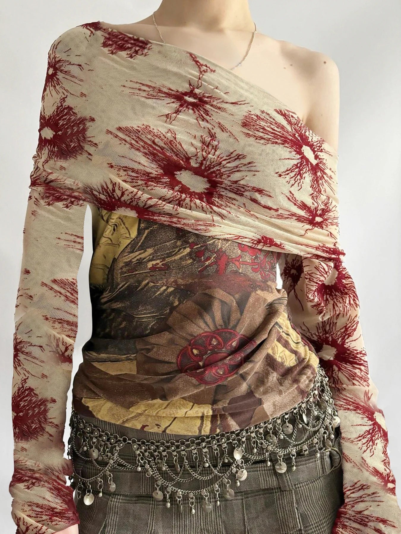 Printed Mesh Patchwork Top Slash Neck Slim Long Sleeves Shirts Y2k