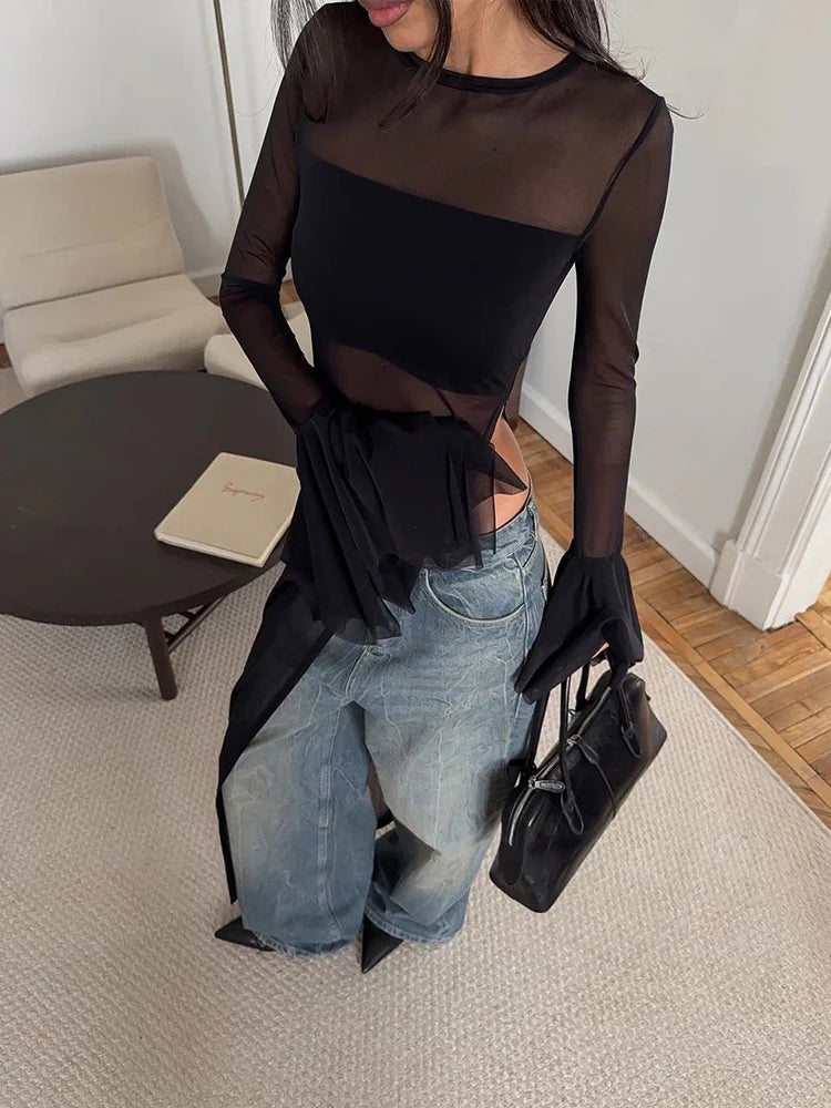 Claic Unique Super Long Top Meh Sheer Full Ruffle Sleeve Split O-neck T-hirt Wild Tee