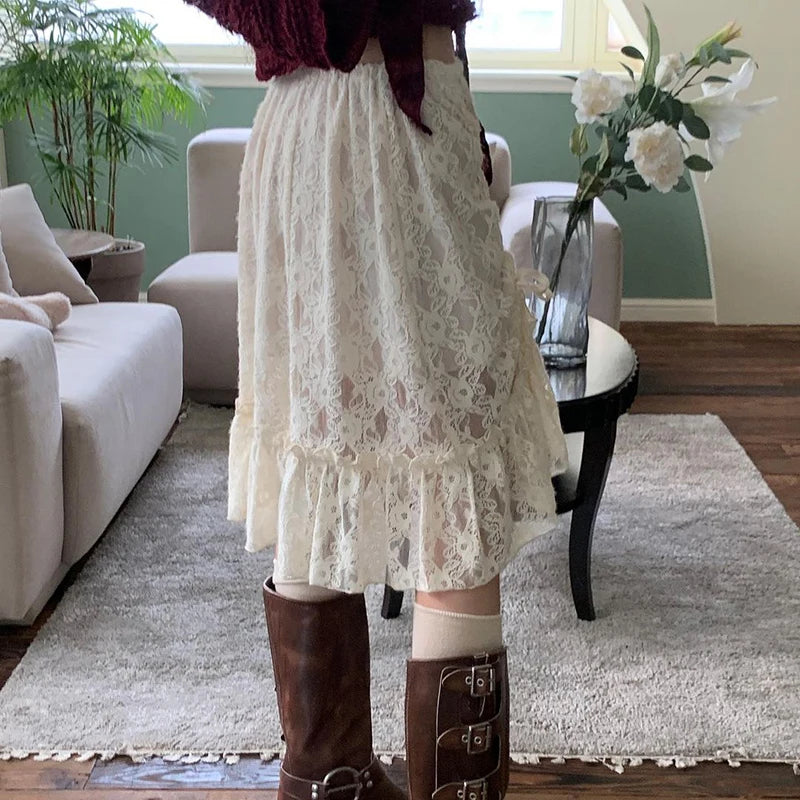 Shirring Long Skirts Knee-Length Lace Bottoms
