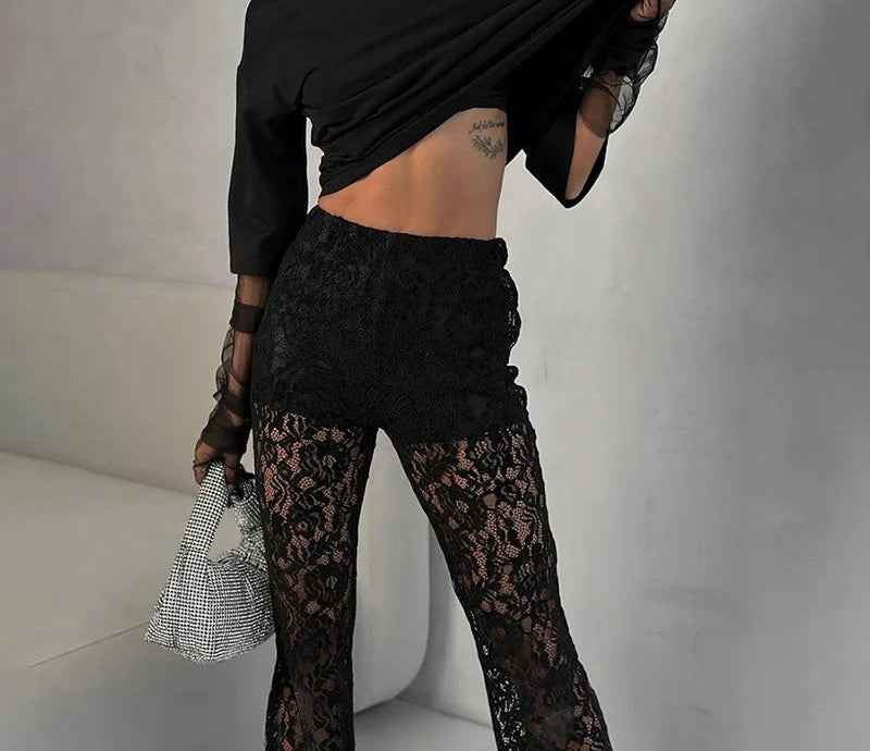 Stacked Lace Pants Solid See Through High Waist Slim Trouser Solid Stunning Bottoms