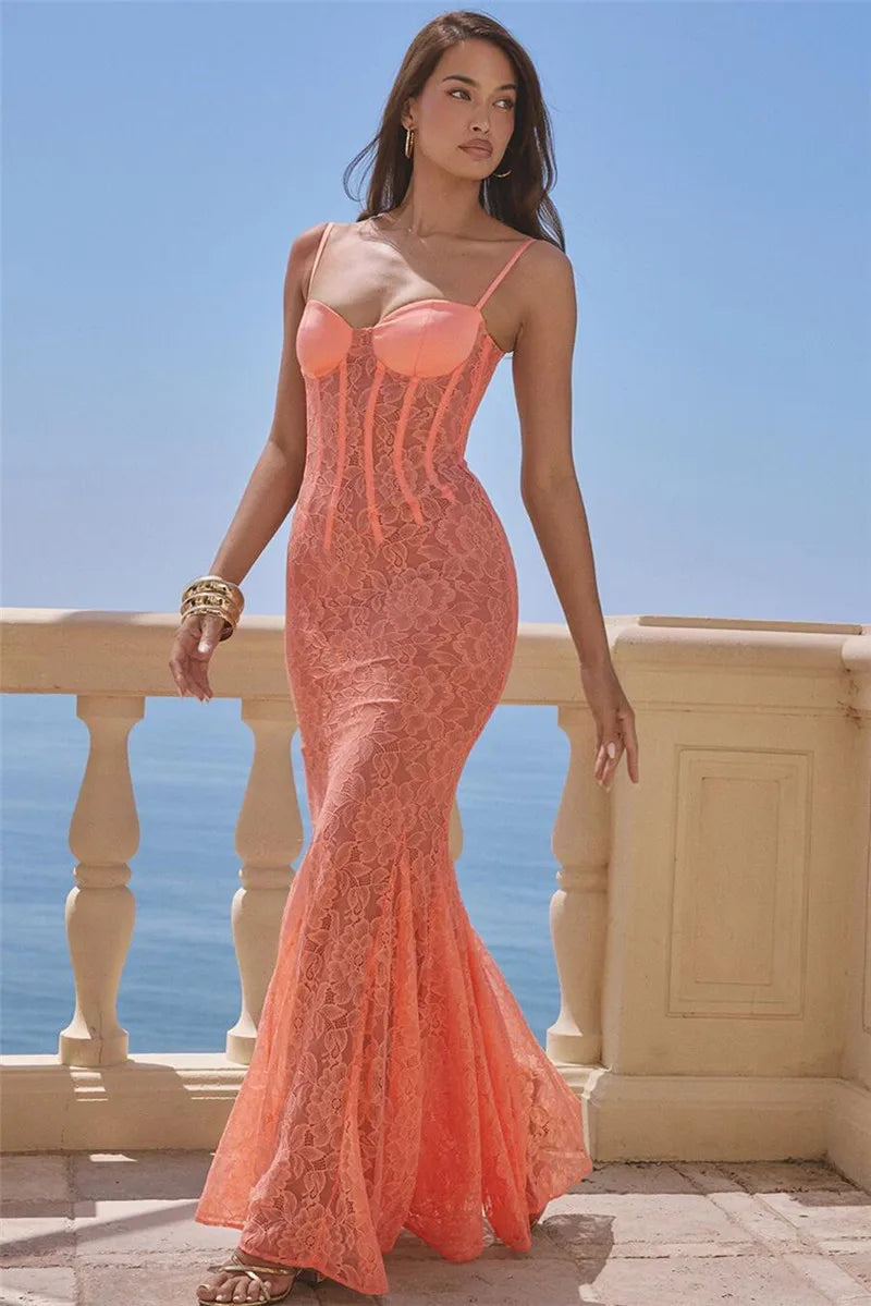 Floral Lace Maxi Dress For Orange Spaghetti Strap Sleeveless Backless Bodycon Long Dress