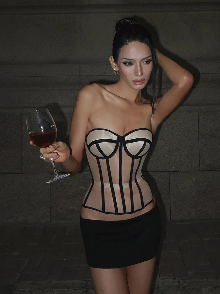 Strapless Top See Through Black Patchwork Midnight Simple Classic Top