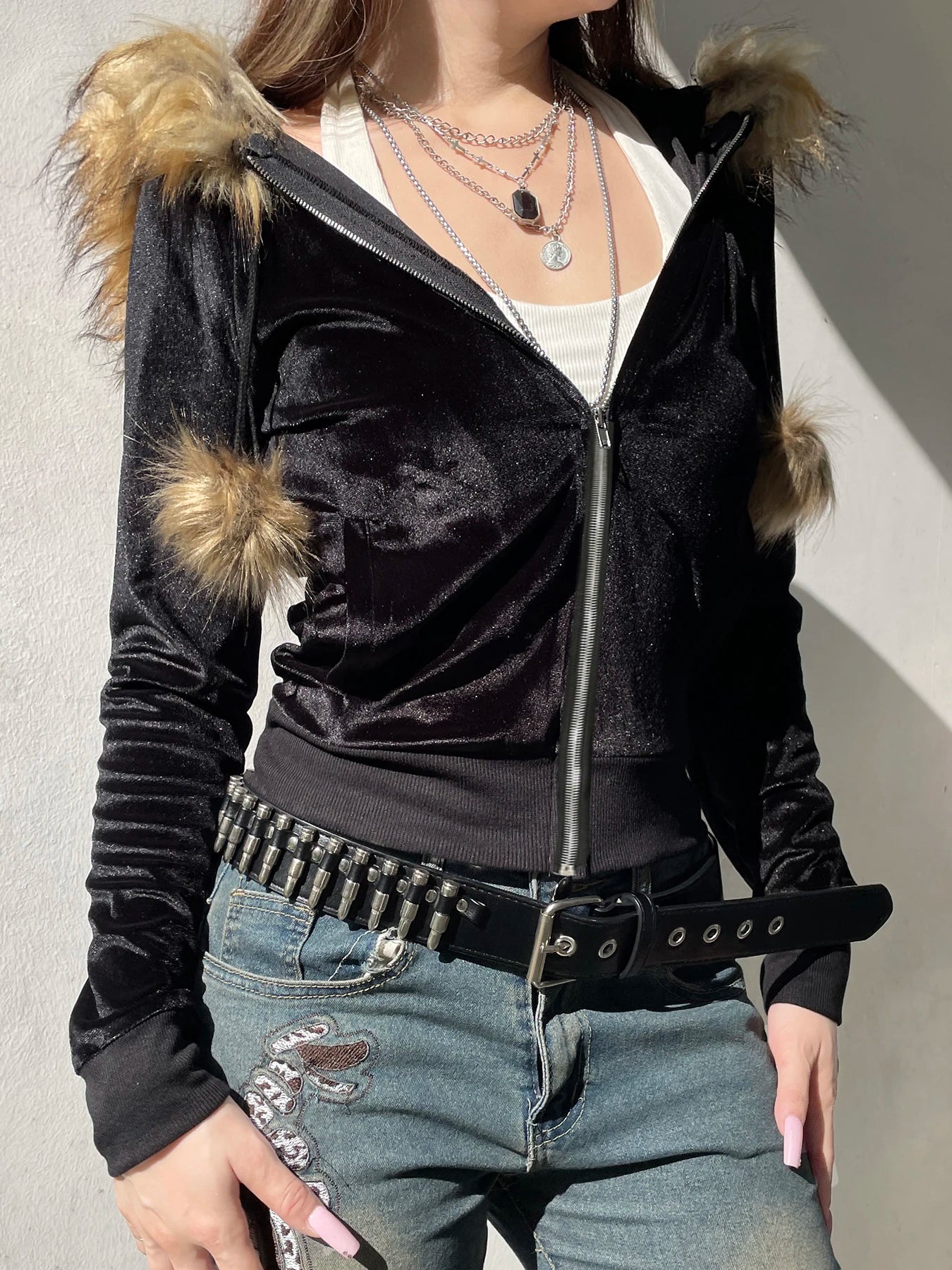 Zip Up Fur Neck Hoodie Coats 's Jackets Front Pockets
