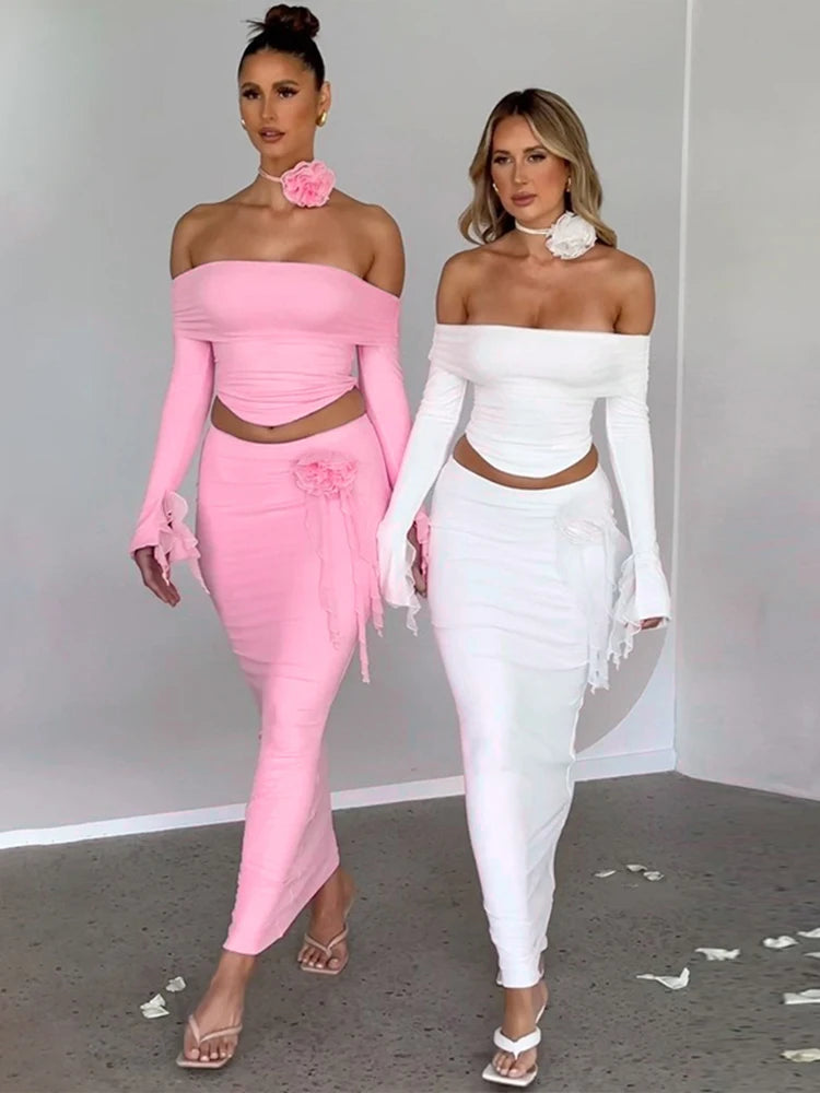 3D Flower Off Shoulder Crop Top Maxi Skirt Set