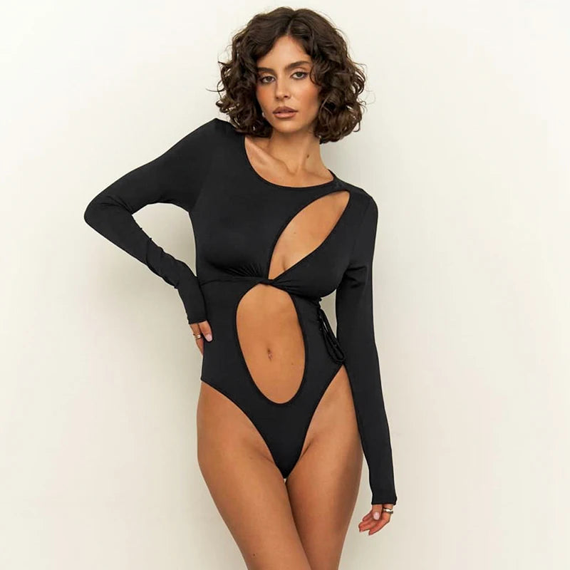 Long Sleeve Bodycon Wait One Piece Bodyuit Hollow Out Romper
