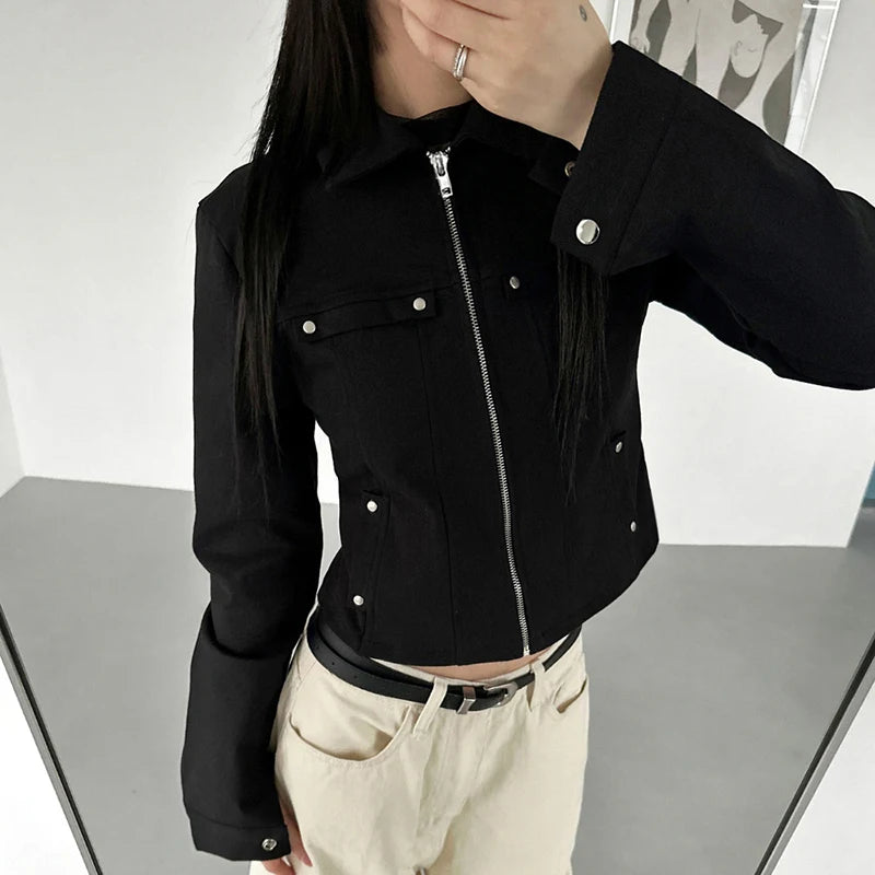 's Rivet Jacket Black Zip-Up with Pockets Long Sleeve Coats Cropped Design