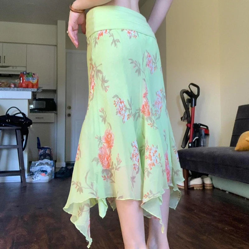 Floral Printing Asymmetric Hem Dress Colorful Fold Low Waist Mesh Sundress Bottoms