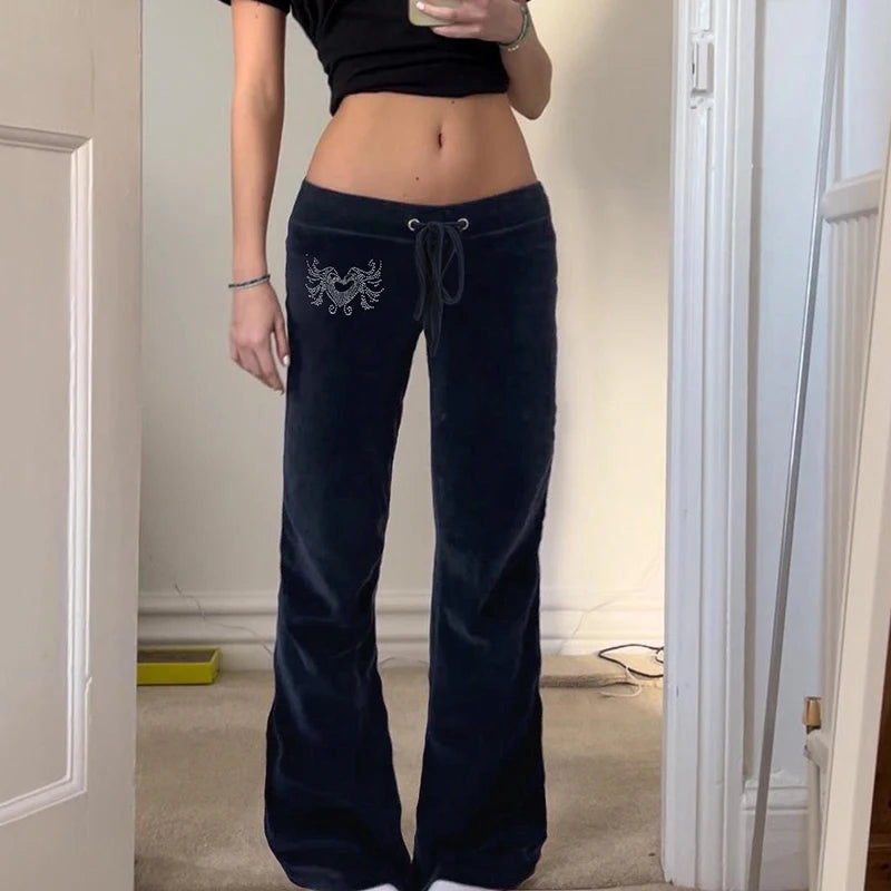 Retro Rhinestone Flare Pants Lace-up Bottoms 's Pants
