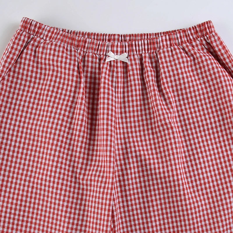 Plaid Straight Pant Lace Patchwork Bow Baggy Trouer Jogger Bottom