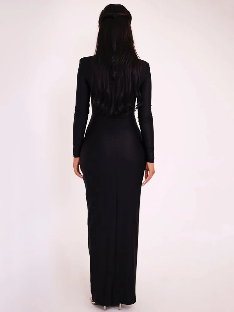 Hollow Out Long Sleeve Maxi Dress Solid Color Slim Fit Cut Out Long Dress