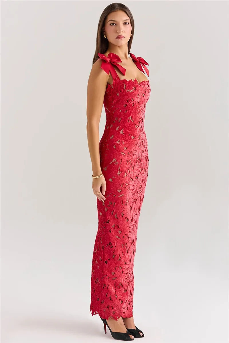 Bows Lace Maxi Dress Sleeveless Backless Bodycon Year Long Dress