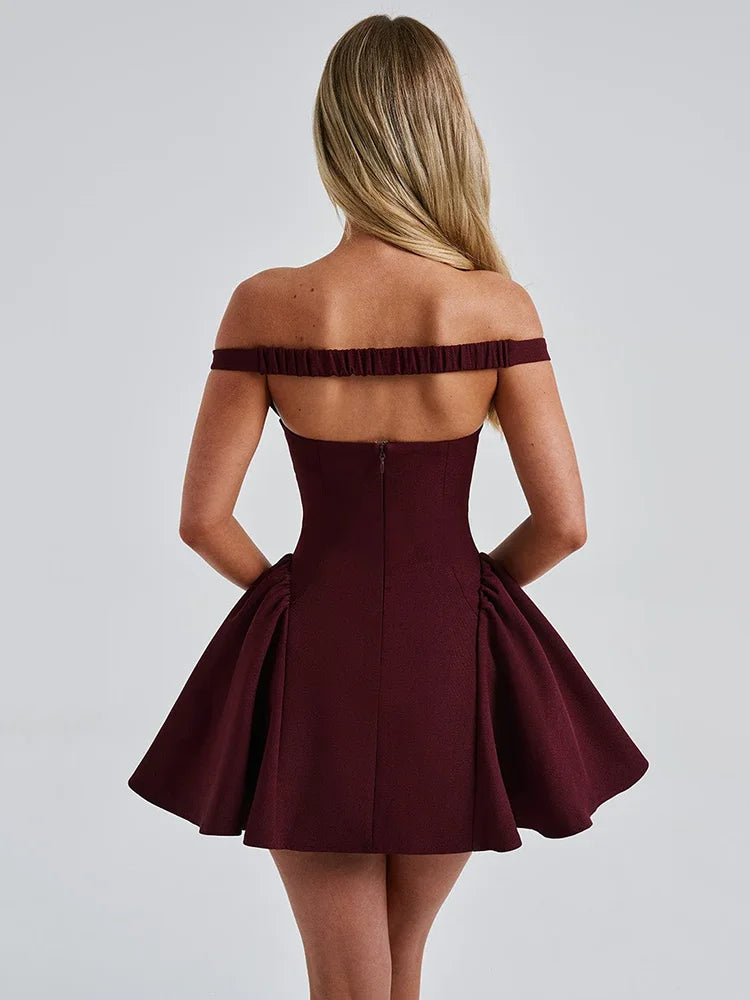 Off-shoulder Backless Mini Dress Wine Red Sleeveless Strapless High Waist A-line Dress