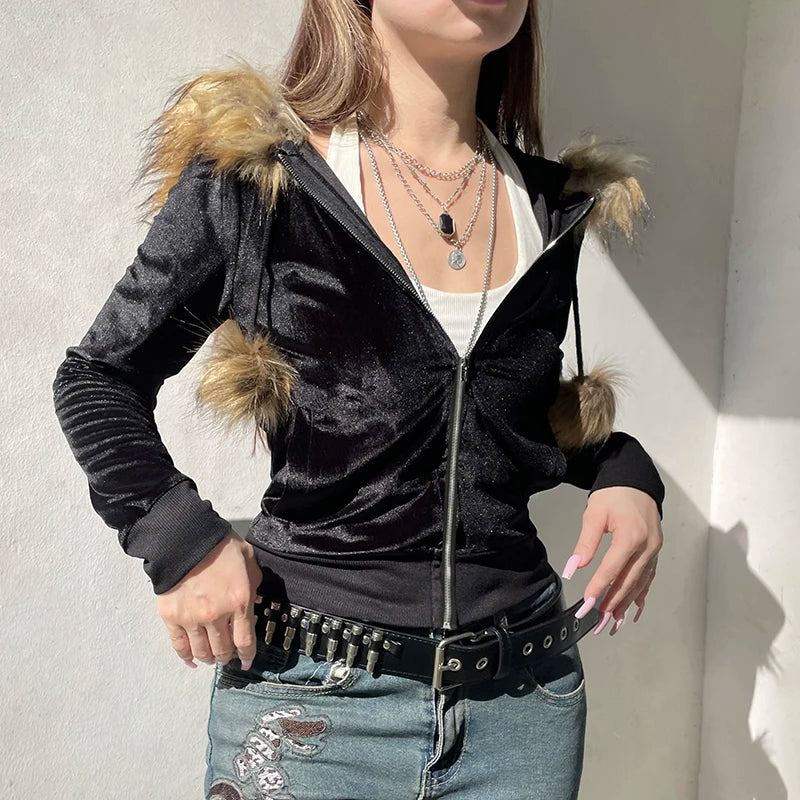 Zip Up Fur Neck Hoodie Coats 's Jackets Front Pockets