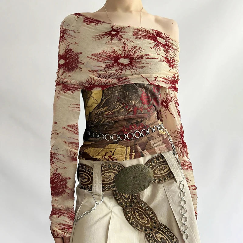 Printed Mesh Patchwork Top Slash Neck Slim Long Sleeves Shirts Y2k